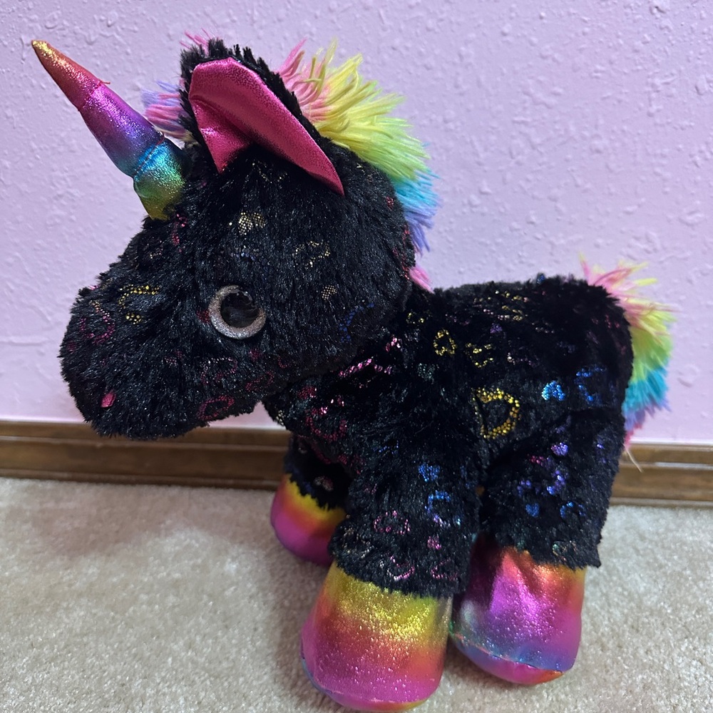 Mty Plush Rainbow Unicorn Stuffed Animal Black Heart Pattern Metallic Hooves